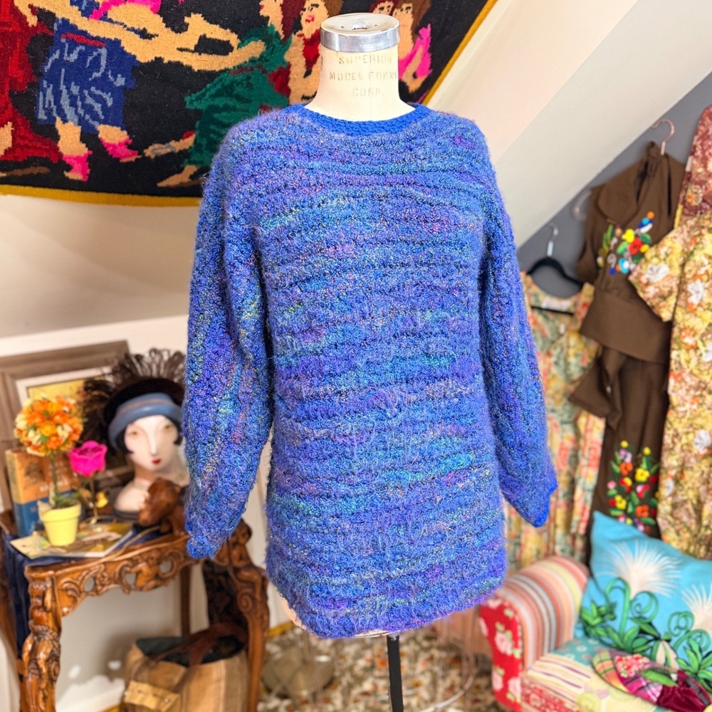Hand Knit Textured Pullover Sweater‎ Blue Purple Multi Color Boho - L